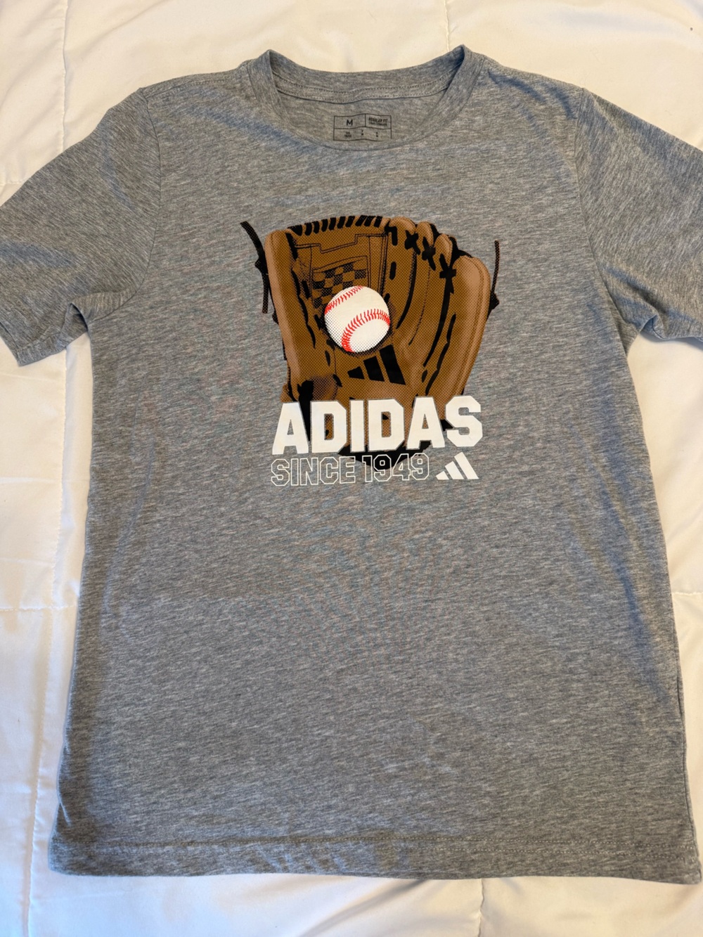adidas Grey Kids T-Shirt with Brown Baseball Glove Graphic